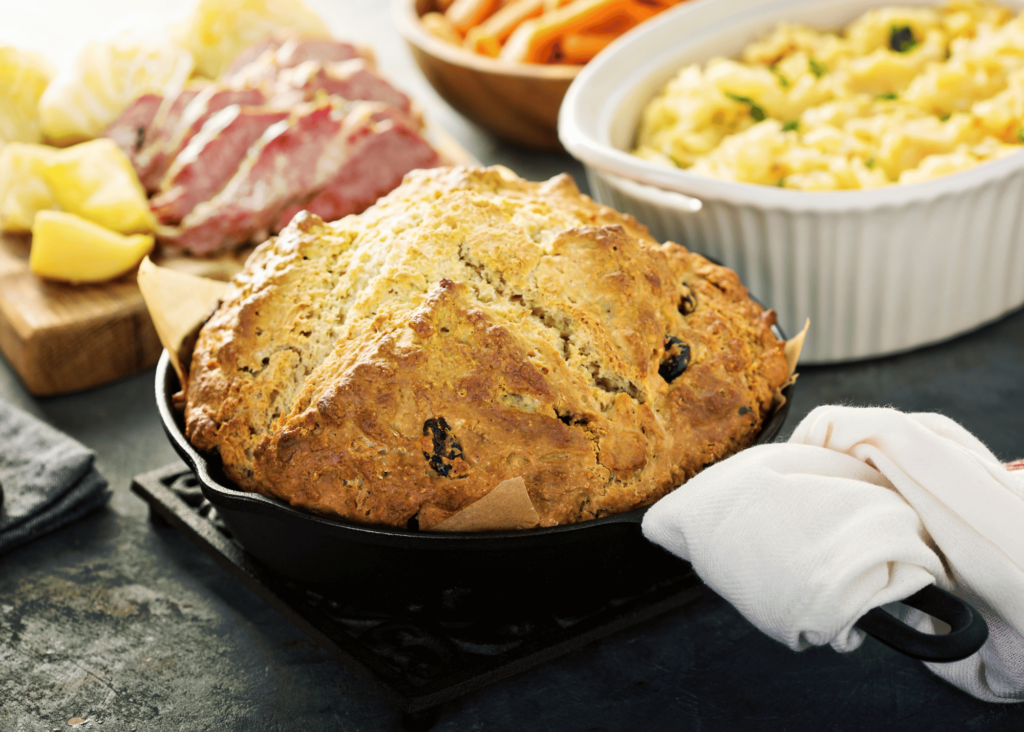 St. Patrrick's Day meal with Irish soda bread and colcannon