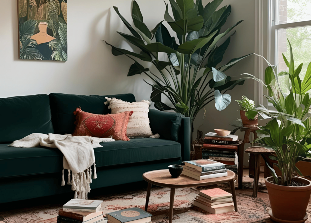 a bohemian style living room with dark green sofa, lots of plants, natural lighting, and books.  There can never be too many books or plants!