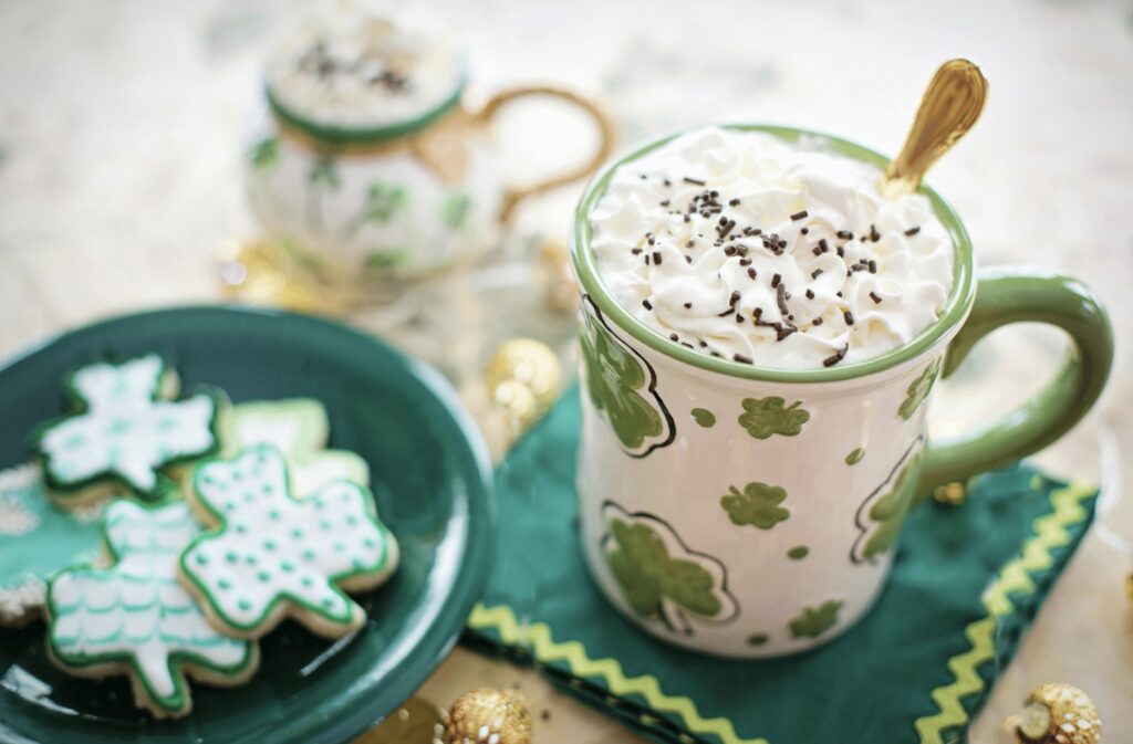Irish coffee and decorative shamrock cookies