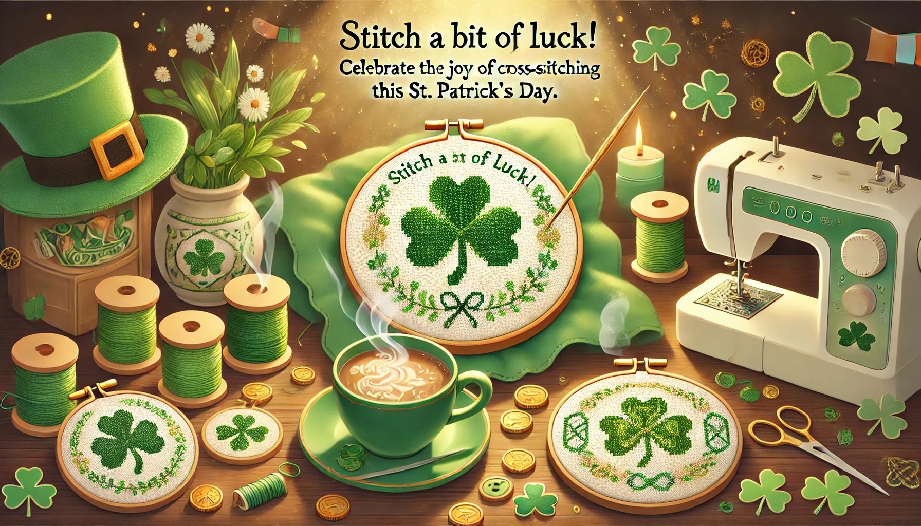 St Patrick's image with cross stitch, coffee, and thread