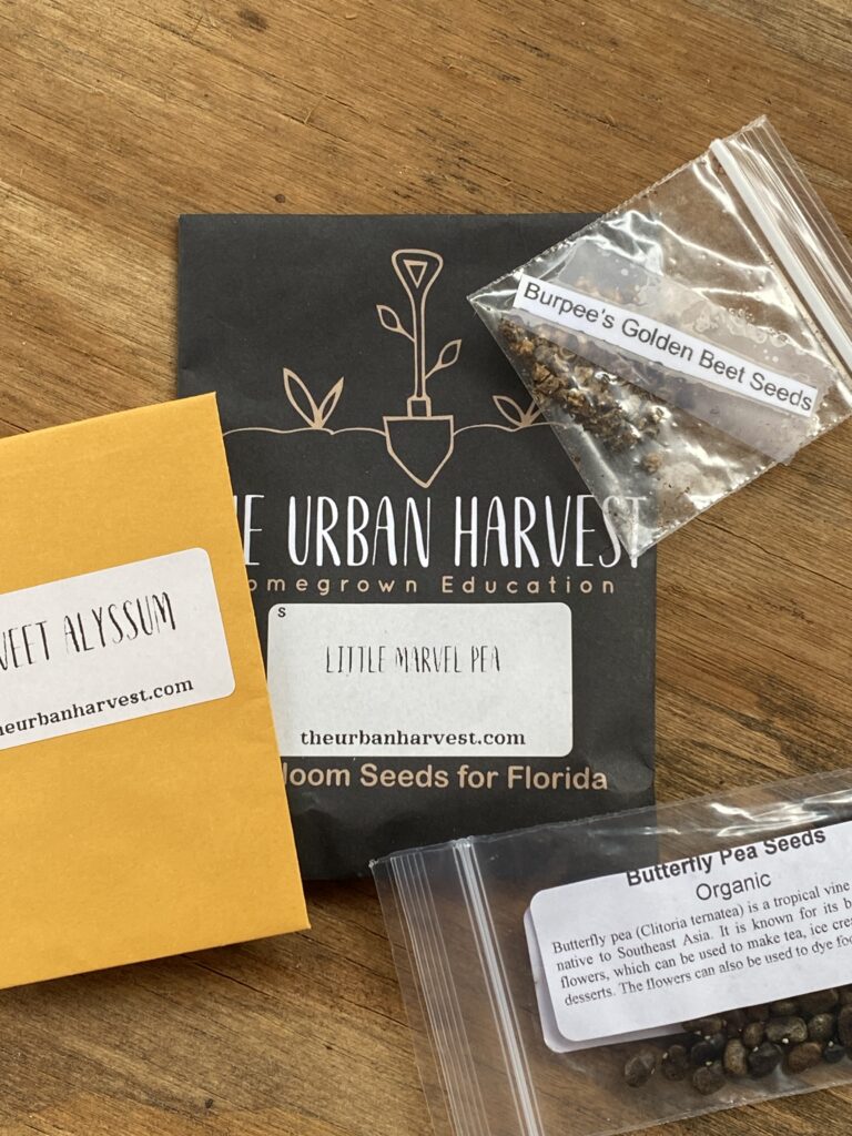 seeds for Sweet Alyssum, Little Marvel Pea, Burpees Golden Beet Seeds, and Butterfly Pea seeds.  