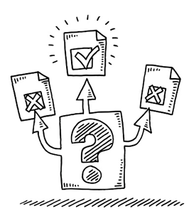 Have a question?  Check the facts!  This is a picture of a question mark holding up three pieces of paper, two with x's and one with a checkmark.