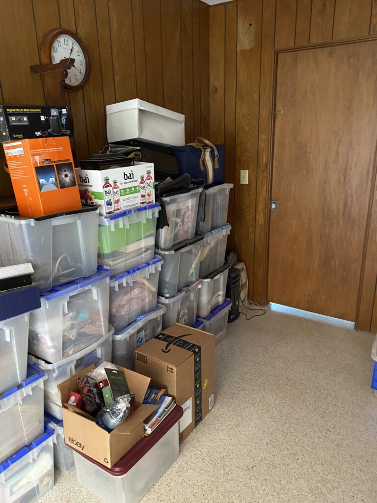 bins filled with items to go through