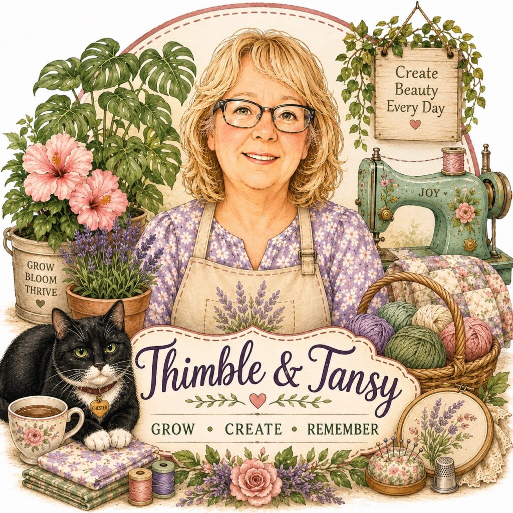 Thimble & Tansy blog feature image showing my caricature showing me with the things I love - plants, sewing, stitching, and of course, my tuxedo cat, Chester!