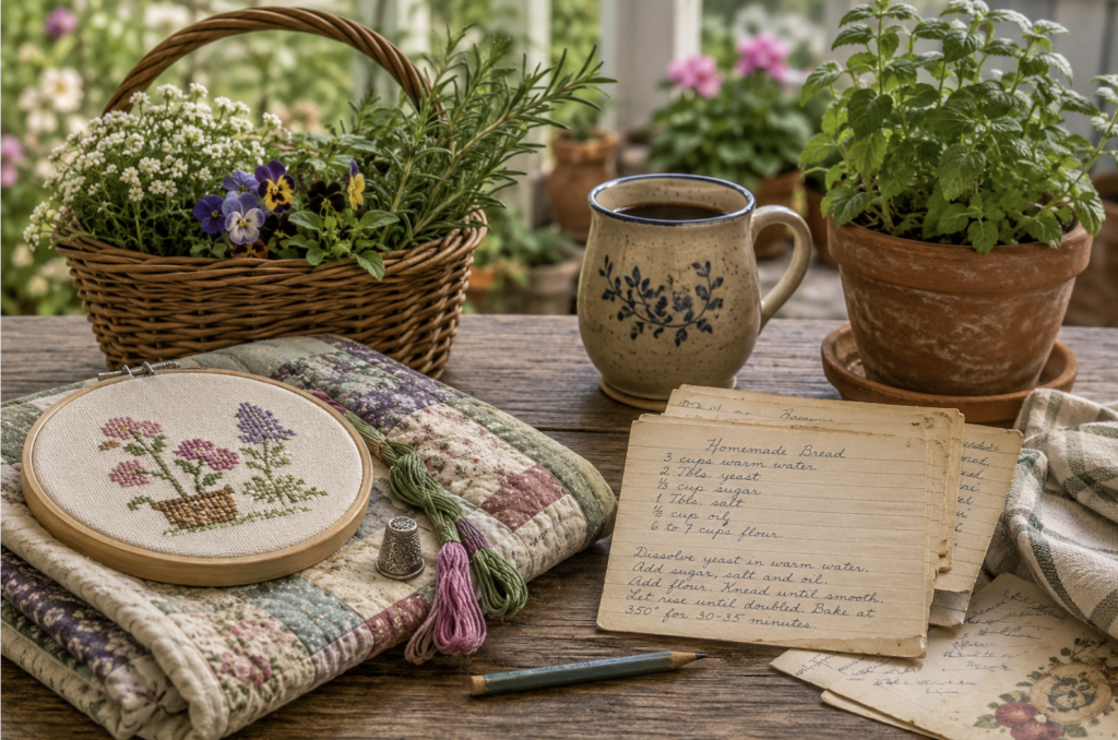 images of things I love: quilting, cross stitch, recipes, plants, and a nice mug of coffee or tea!