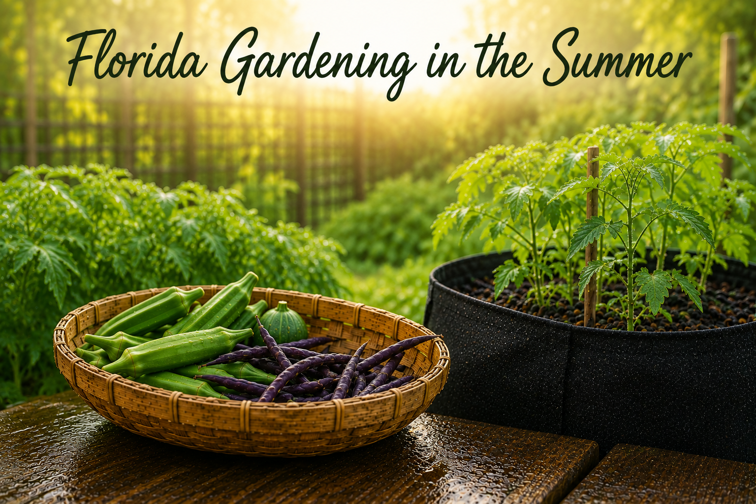 Feature image for Florida gardening in the summer showing a woven basket of okra and purple cowpeas on a damp wooden table next to a black fabric grow bag with young plants.