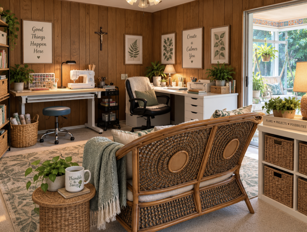 AI rendering of a possible arrangement for my studio.  Room for my rattan love seat, sewing, desk, books.....this is for me!  