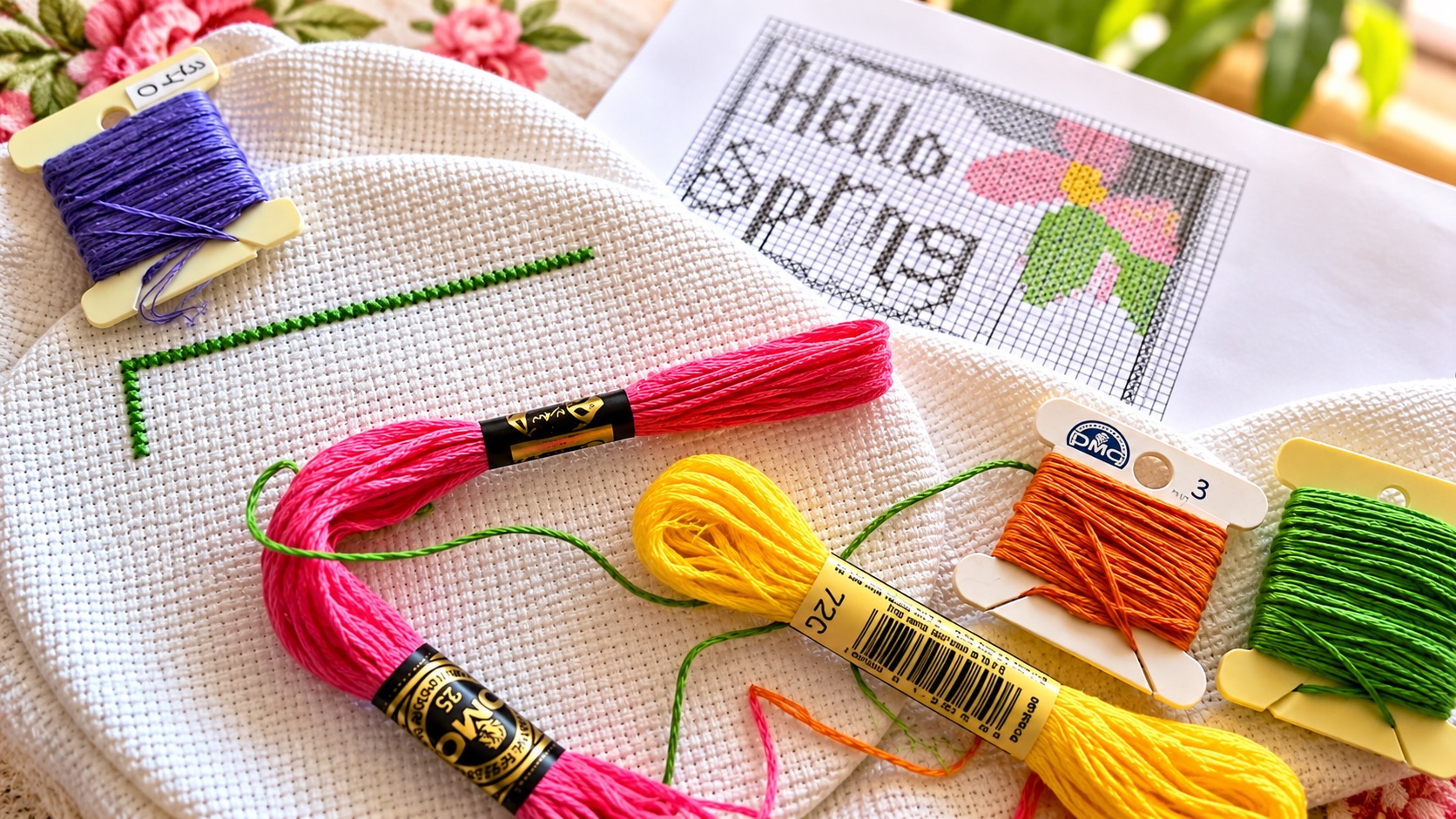 Unfinished Hello Spring cross-stitch project by Lizzie Kate with colorful embroidery floss.
